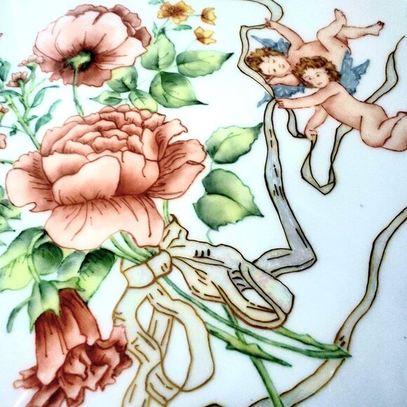 Vintage Hand Painted Porcelain Platter with Flowers and Angels 11.5 Inch Round - Picture 3 of 12